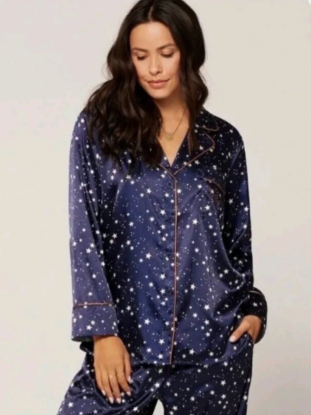 L*Space Navy Star Satin Pajama Set - Top and Bottom | size S/P